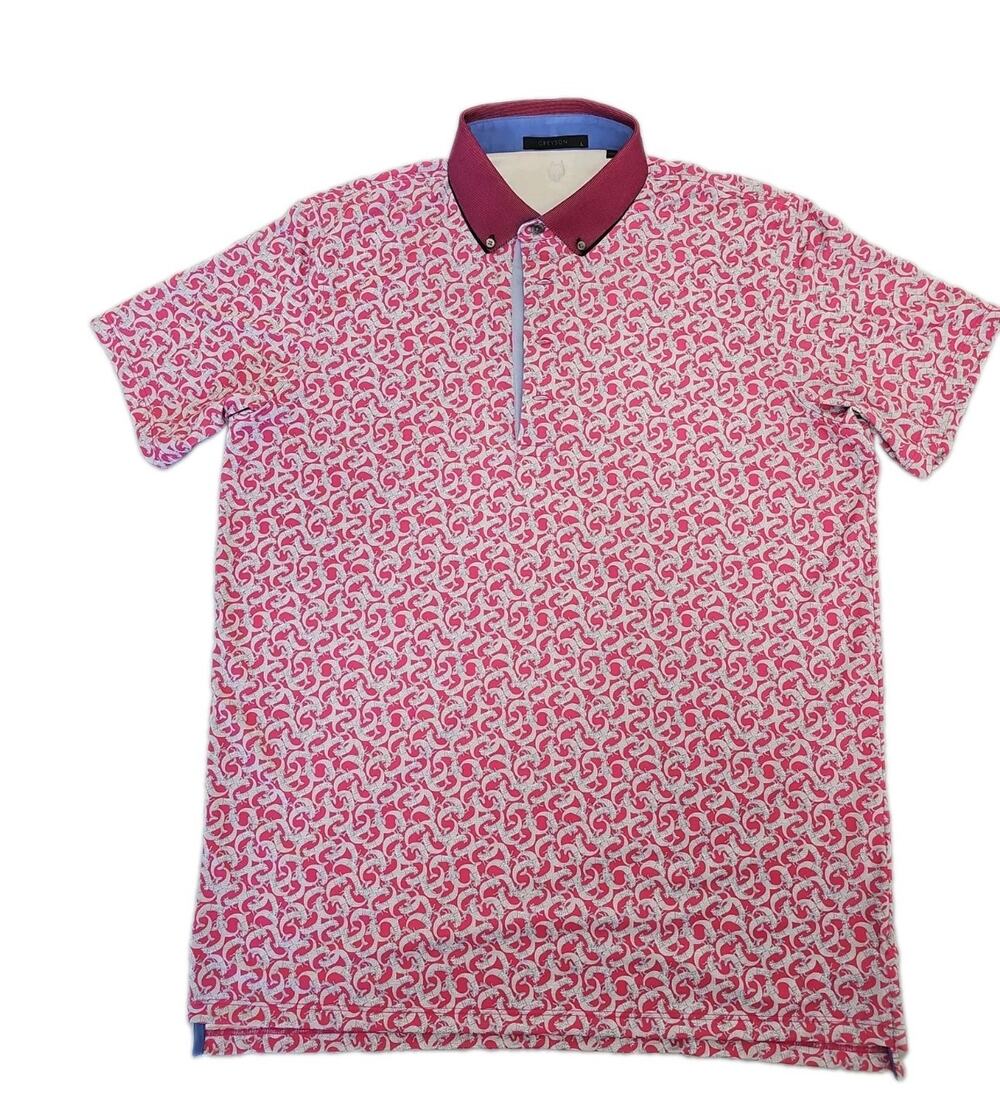 Greyson Golf Polo Shirt Mens L Red Pink Chinese Dragon All Over Performance Wolf